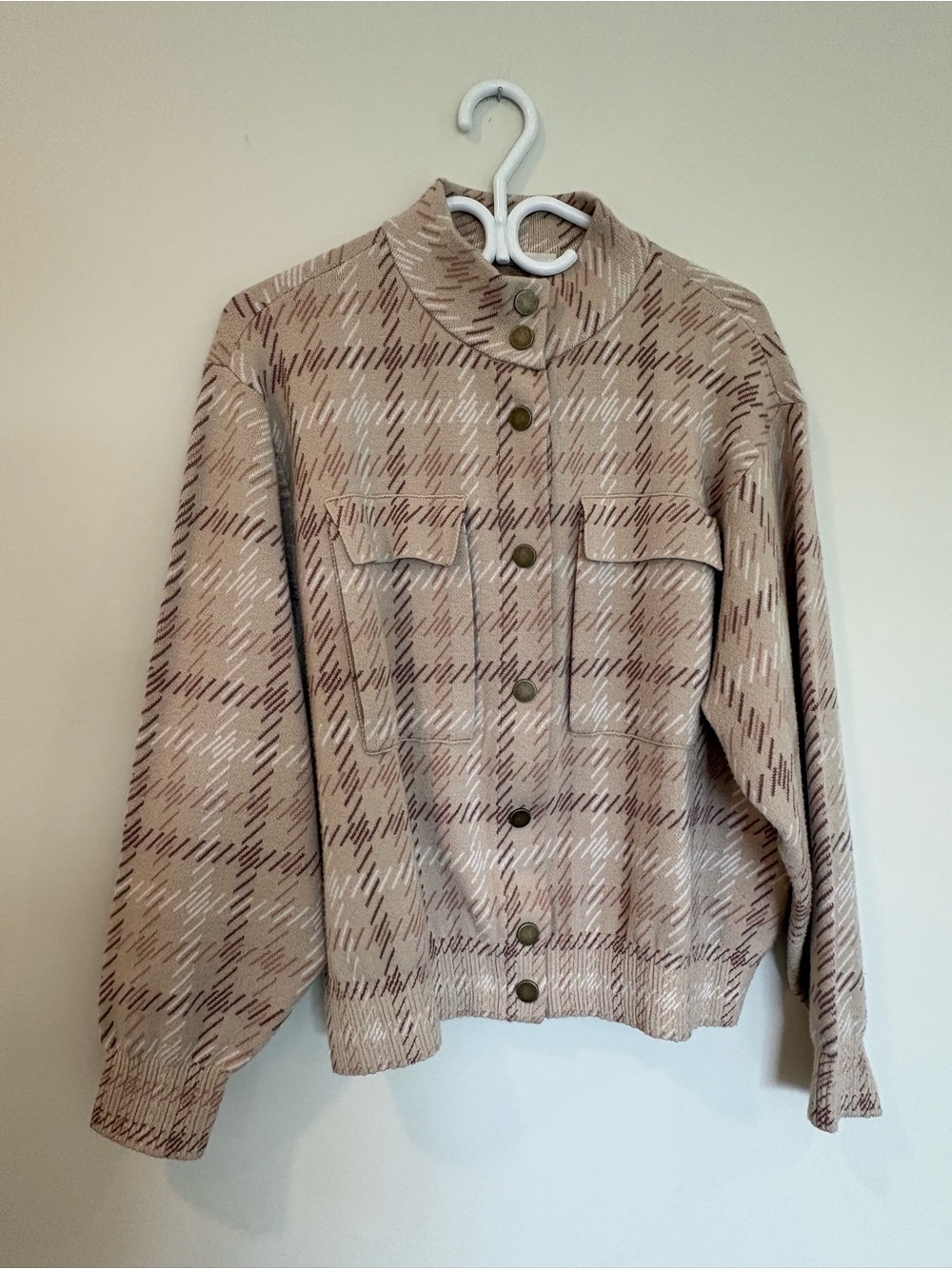 YAYA Women Knitted Check Jacket Mock Neck Cardigan L